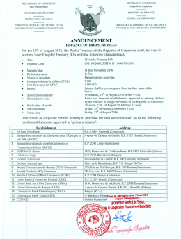Announcement issuance of Treasury Bills of Cameroon 10th