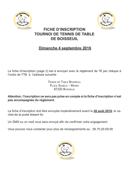 FICHE D`INSCRIPTION TOURNOI DE TENNIS DE TABLE DE