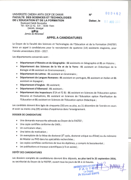 télécharger l`appel à candidatures. - Université Cheikh Anta Diop de