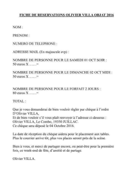 Page 1 FICHE DE RESERVATIONS OLIVIER WILLA OBJAT 2016
