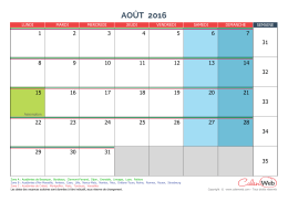 Calendrier mensuel - Mois d`août 2016 avec jours fériés et vacances