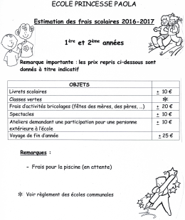 Estimation des frais 2016 2017 P1 et P2