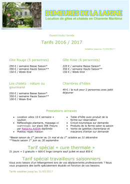 Tarifs 2016 / 2017 Tarif spécial « cure thermale » Tarif spécial