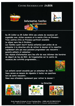 Fiche INFO COLONIE 25 au 29 Juillet 2016