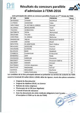 Résultats du concours parallèle d`admission à l`EMI-2016