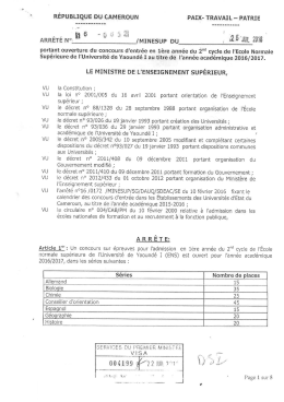 Arr&ecirc;t&eacute; 2nd cycle - Ecole Normale Sup&eacute;rieure de Yaound&eacute;