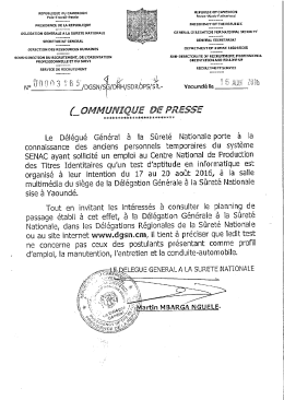 communique - D&eacute;l&eacute;gation G&eacute;n&eacute;rale &agrave; la S&ucirc;ret&eacute; Nationale