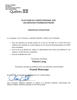 certificat d`élection - Centre intégré de santé et de services sociaux