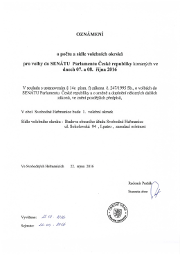 Volby 2016 Oznámení o počtu a sídle volebních okrsků