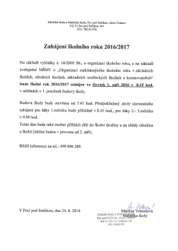 Informace PO Z&Scaron; o zah&aacute;jen&iacute; &scaron;koln&iacute;ho roku 2016