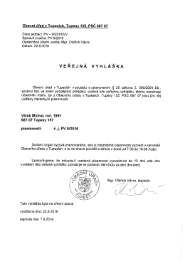 Veřejná vyhláška - oznámení o uložení písemnosti