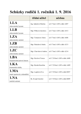 Schůzky rodičů 1. ročníků 1. 9. 2016 třídní učitel učebna 1.LA