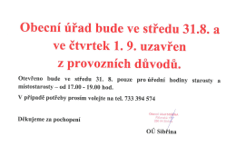 Uzavřen&iacute; O&Uacute; ve středu 31. 8. 2016 dopoledne a ve čtvrtek