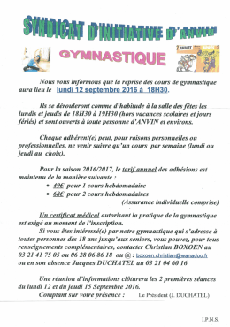 Reprise de la gymnastique le 12 septembre à 18h.30