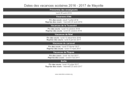 Dates des vacances scolaires 2016 - 2017 de Mayotte