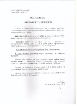 Obavje&scaron;tenje - Filozofski fakultet Univerziteta u Sarajevu