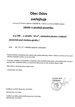 záměr o prodeji pozemku st.p.249 k.ú Oslov