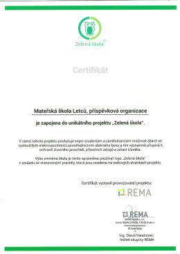 Certifikát - Mateřská škola Letců