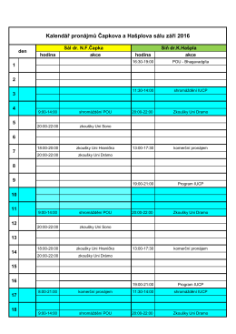 Kalendář pronájmů Čapkova a Hašplova sálu září 2016
