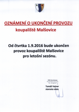 Ukončení provozu bazénů 1.9.2016