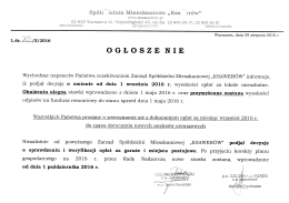 Ogłoszenie o zmianie od 1.09.2016 r. wysokości