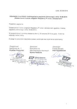 Wyniki zapytania ofertowego z dnia 30.08.2016