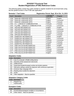 Provincial Test Student Registration Reference Codes