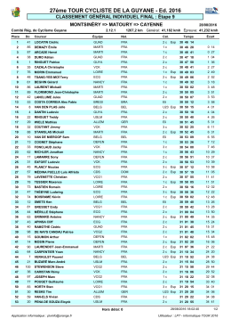 Le classement général du Tour de Guyane 2016