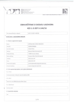 Obavje&scaron;tenje o dodjeli ugovora - Izvođenje radova na izgradnji prve