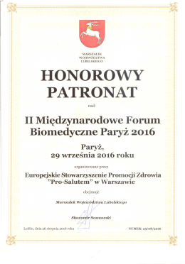 List potwierdzający objęcie Patronatu