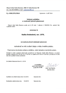 Veřejná vyhláška o možnosti převzít písemnost