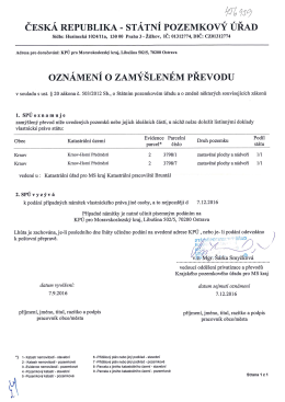 St&aacute;tn&iacute; pozemkov&yacute; &uacute;řad - Ozn&aacute;men&iacute; o zam&yacute;&scaron;len&eacute;m převodu