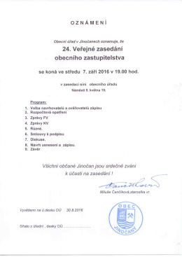 Oznámení o konání 24. veřejného zasedání obecního zatupitelstva