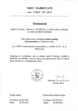 Oznámení podle § 39 odst. 1 zákona č. 128/2000 Sb., o