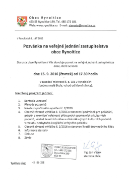 Pozvánka na veřejné jednání zastupitelstva obce Rynoltice dne 15.9