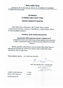 Informace o z&aacute;měru obce Velk&yacute; T&yacute;nec prodat nemovit&yacute; majetek