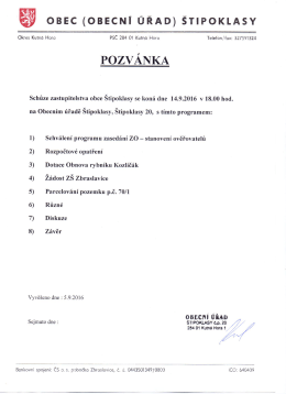 Pozvánka na zasedání Zastupitelstva obce Štipoklasy 14.9.2016