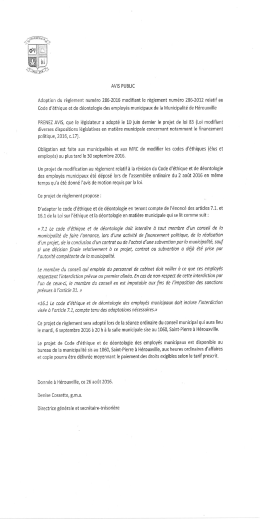 Page 1 AVIS PUBLIC Adoption du règlement numéro 286