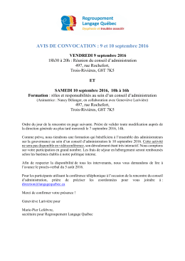 AVIS DE CONVOCATION : 9 et 10 septembre 2016