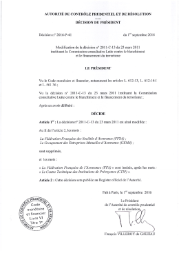 D&eacute;cision n&deg; 2016-P-41 du 1er septembre 2016 Modifiant la d&eacute;cision