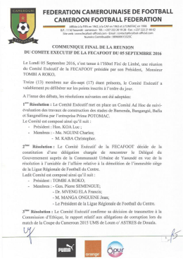 Communiqué final de la réunion de la Fecafoot du 05 Septembre 2016