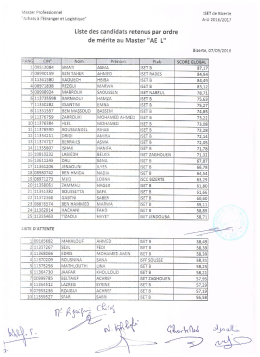 Liste des candidats retenus par ordre de m&eacute;rite au Master "AE L"