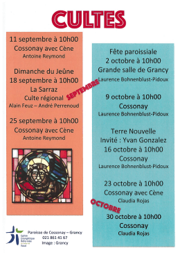 Programme des cultes de septembre et octobre 2016