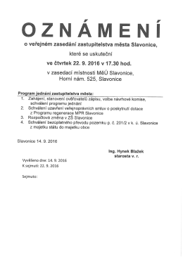 Oznámení o veřejném zasedání zastupitelstva města Slavonice