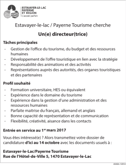 Estavayer-le-lac / Payerne Tourisme cherche Un(e