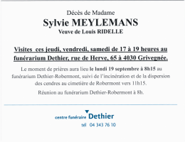 Page 1 Décès de Madame Sylvie MEYLEMANS Veuve de Louis