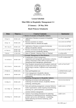 Lesson Schedule Mini-MBA in Hospitality Management # 4 23 January
