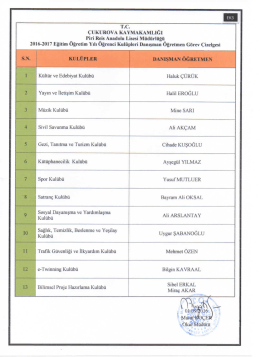 pral 2016-2017 e.ö. yılı öğrenci kulüpleri görevli çizelgesi