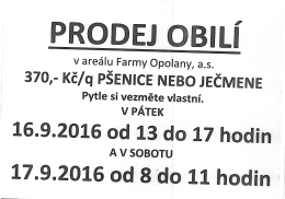 Prodej obilí dne 16. a 17.9.2016