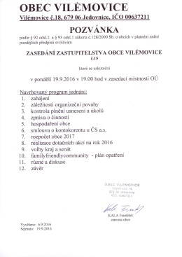 Pozvánka na 15. zasedání ZO 19.9.2016